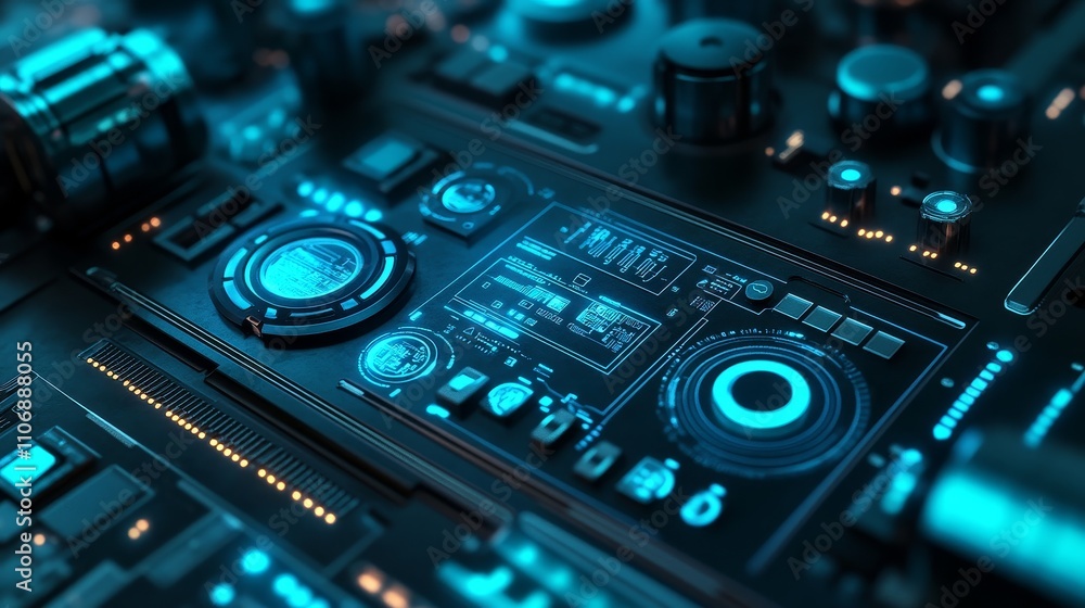 Poster futuristic control panel with blue illuminated buttons and knobs