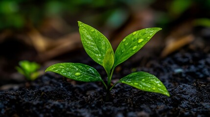 Naklejka premium A Young Green Plant Sprouting in Dark Soil with Dew Drops