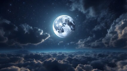 The moon is beautiful in the sky. The night moon was shining smoothly as we flew over the endless clouds. Moonlight Over the Horizon in a Looping 3D Animation. Ultra HD 4K (3840x2160).