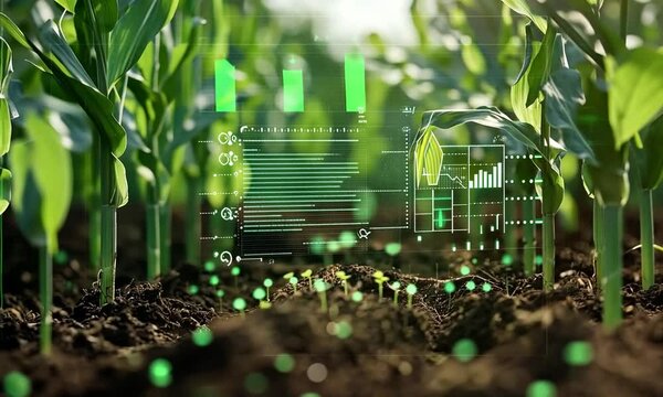 A digital overlay on crops illustrates agricultural technology and data analysis.