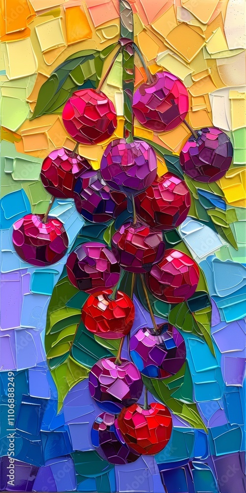 Poster vibrant plum cluster art showcasing color and texture in an abstract style with layered background