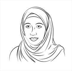 portrait of a woman, a woman or girls line art , Muslim gels  line art on white  background 