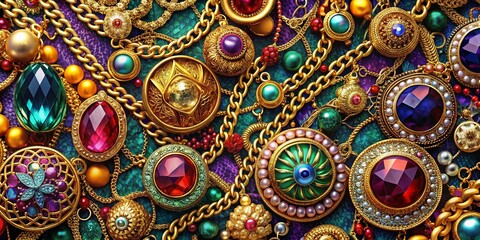 Elegant Jewelry and Chain Pattern for Sophisticated Designs and Fashion Projects in High-Quality Panoramic Photography, Perfect for Textiles, Wallpapers, and Stationery