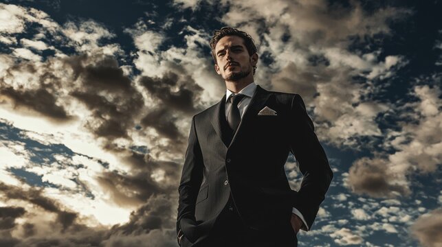 An artistic portrayal of a man in a suit against a dramatic backdrop, highlighting elegance and style