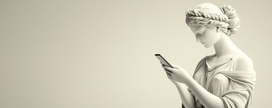 A classic statue engaged with modern technology, blending eras.