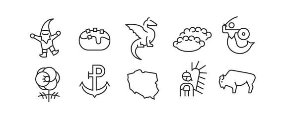 Poland icons. Set of 10 trendy minimal icons representing Polish culture, landmarks, and folklore such as the Wawel Dragon, Warsaw Mermaid, Tatra Mountains. Vector illustration. 