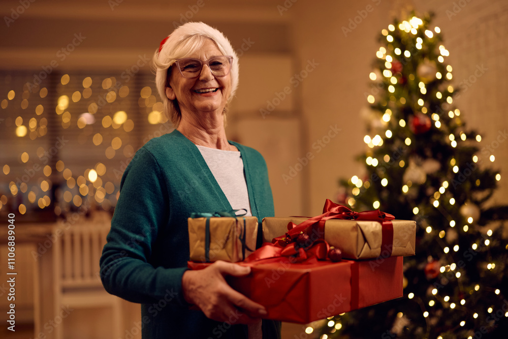 Wall mural Portrait of happy senior woman with Christmas presents looking at camera.