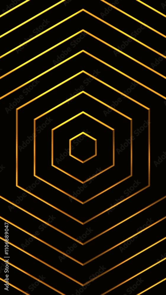 Poster loop abstract golden hexagon geometric on black background, premium luxury gold grid wave line art a