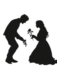 Silhouette of a man on one knee, offering a rose to a woman. vector clipart.PNG format Background. Generative AI 