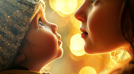 A child's loving gaze at a parent creates an intimate moment of connection, illuminated by soft lighting that enhances their expressions.