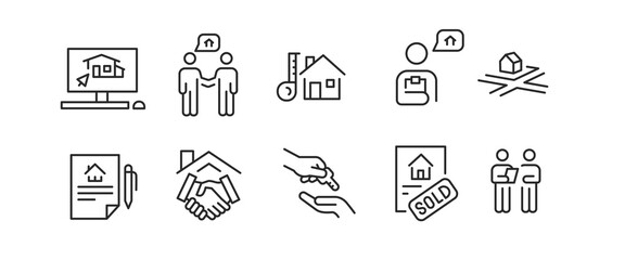 Real estate icons. Set of 10 trendy minimal icons related to property and housing. Features house, handshake, sold sign, contract, moving truck, and pet-friendly icon. Vector illustration 