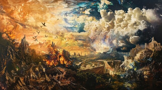 An artistic representation of a biblical apocalypse with vivid imagery and powerful symbolism