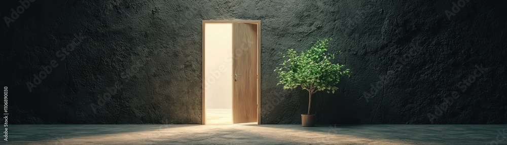 Poster a serene view of an open door with a tree beside it.
