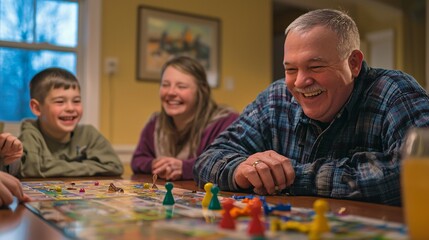 A brother-in-law shares a joyful board game night with family, highlighted by smiles, vibrant game pieces, and refreshments in a bright indoor setting.