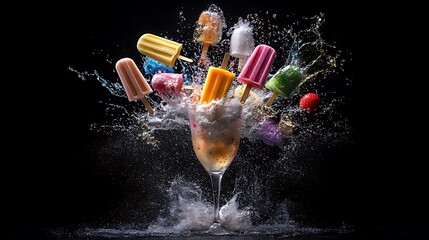 Ice Pops Exploding into a Champagne Glass: Summertime Refreshment Photography AI Generated