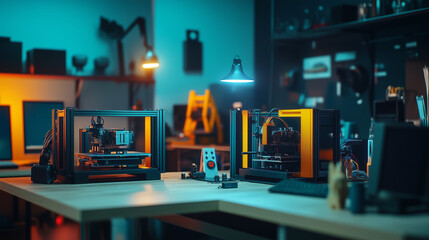 Vibrant maker space with multiple 3D printers in action