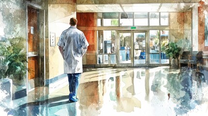An artistic representation of a doctor man in a modern medical facility, highlighting professionalism