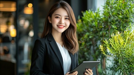 Fototapeta premium A confident businesswoman in elegant attire smiles while holding a tablet in a modern office, exuding professionalism and positivity.