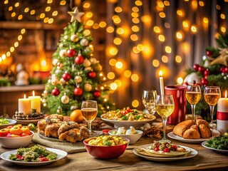 Fototapeta premium Elegant New Year's Dinner Table with Festive Christmas Tree Background, Featuring a Lavish Spread of Delicious Dishes and Snacks for a Joyous Celebration