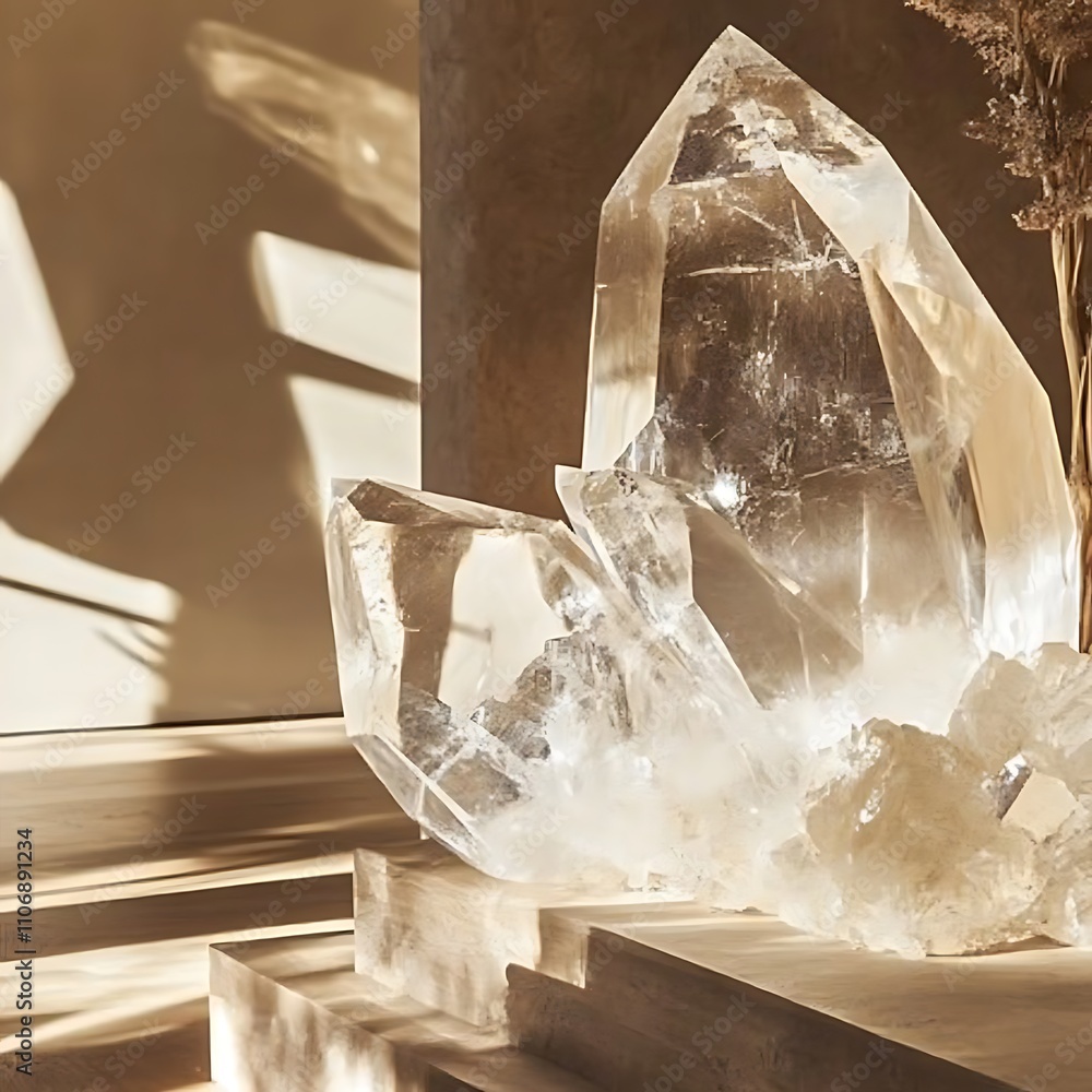 Poster large clear quartz crystals on a light beige stone platform, illuminated by sunlight casting shadows