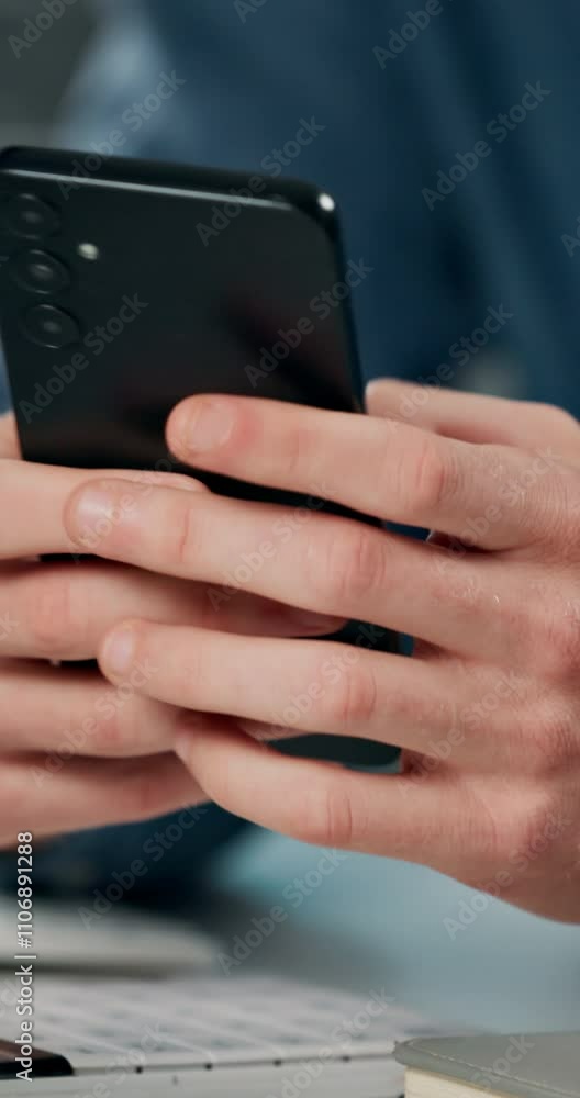 Poster office, person and hands with smartphone for chat, online communication and connection with contact.