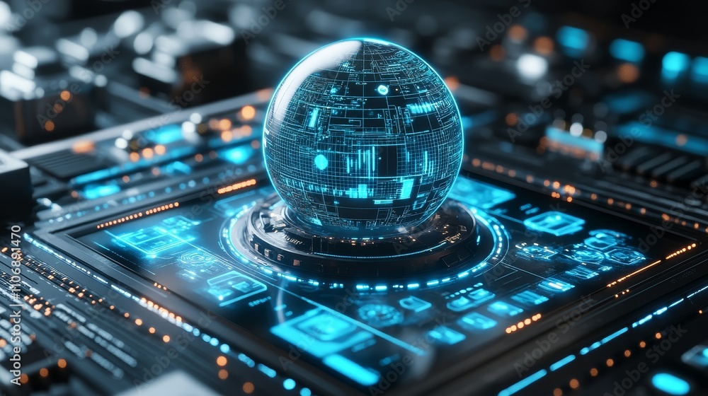 Poster a crystal sphere representing global data processing on a futuristic circuit board