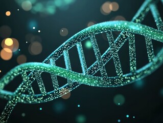 Abstract representation of a DNA strand with glowing particles.