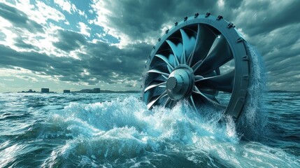 An artistic representation of a turbine with water flowing over it, symbolizing the power of water energy