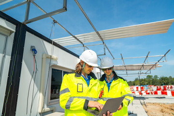 Two engineers in high visibility jackets and helmets working on a laptop at a modular construction site, with steel framework and wiring visible, highlighting teamwork, planning construction.