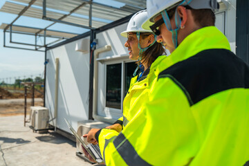 Two engineers in high visibility jackets discussing plans on a laptop at a modular construction...