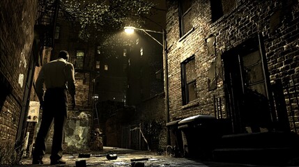 A detective meticulously examines a crime scene in a shadowy urban alley, where tension fills the air with scattered evidence.
