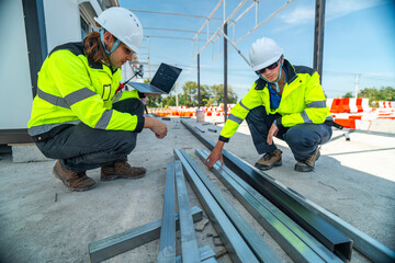Two engineers in high visibility jackets discussing construction details using a laptop at a...