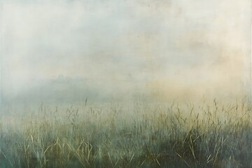 Obraz premium Misty morning field, soft light, muted colors, tranquil landscape.