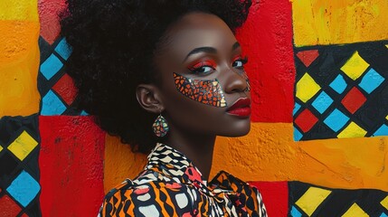 An artistic representation of a woman with bold patterns and colors, showcasing her unique style