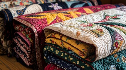 A vibrant National Quilt Day celebration showcases an array of artistically displayed quilts, highlighting the artisans' skillful craftsmanship and creativity through their intricate
