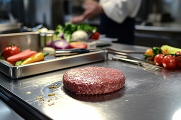 A chef skillfully molds a juicy beef patty in a professional kitchen, featuring fresh ingredients and polished utensils on a stainless steel countertop.