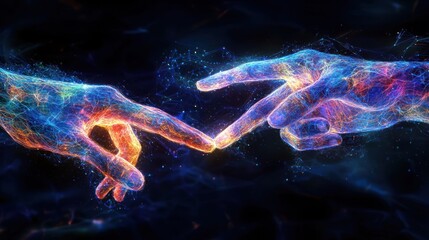 An artistic representation of the relationship between humans and artificial intelligence, highlighting synergy