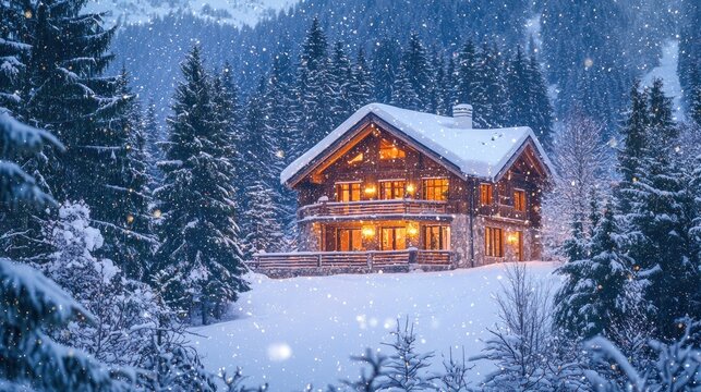 Luxury lifestyle during winter, enjoying a ski resort or a luxurious cabin in the snow