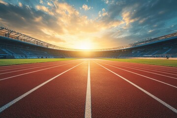 A breathtaking view of a running track stretching toward the horizon during a vibrant sunset