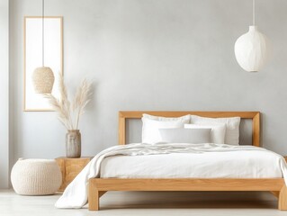 Elegant and modern bedroom with wooden furniture and decor.