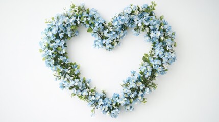 A charming heart wreath crafted from light blue flowers, ideal for festive decorations on Valentine Day or Mother's Day, exuding warmth and love.