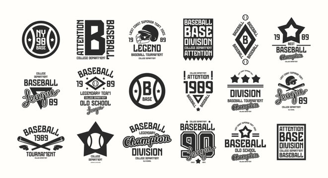 Labels set of baseball game. Graphic design for t-shirt. Black print on white background