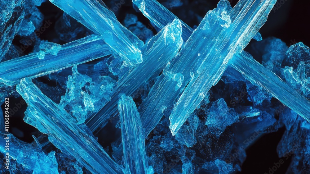 Poster a close-up, fluorescent view of blue asbestos fibers under an electron microscope, revealing their c