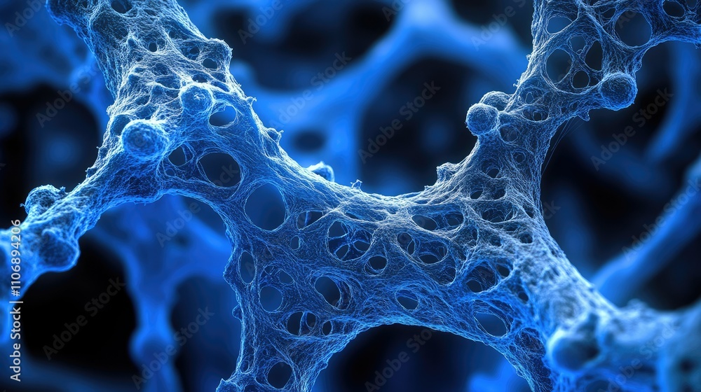 Poster a close-up, fluorescent view of blue asbestos fibers under an electron microscope, revealing their c