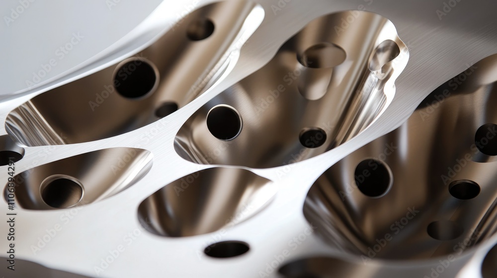Poster a close-up of a highly polished, machined metal part with intricate holes and curves, resting on a n