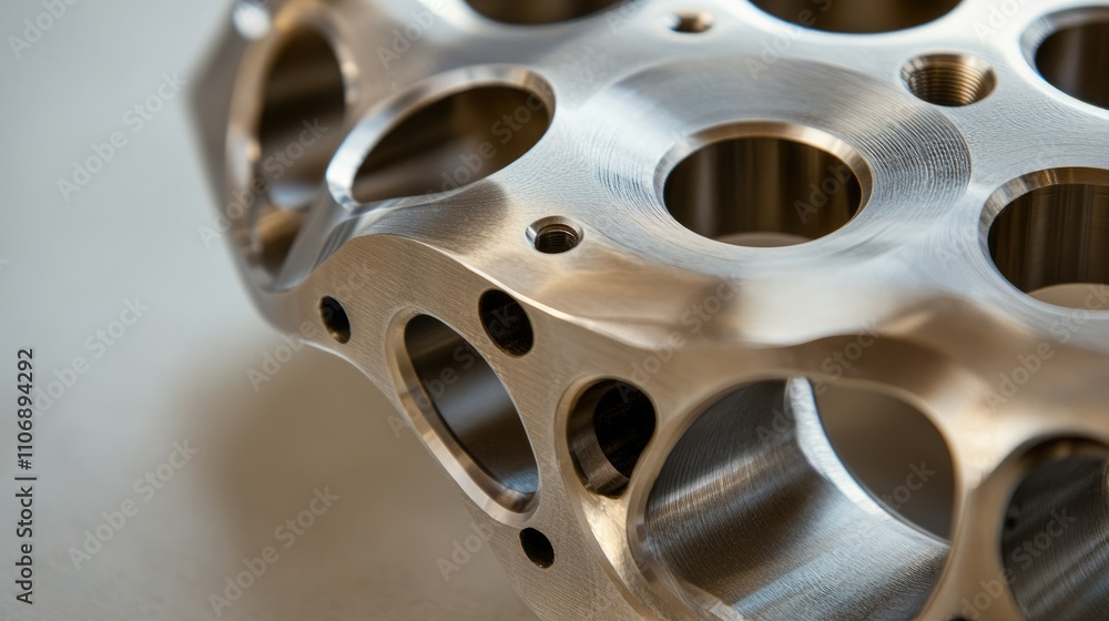 Poster a close-up of a highly polished, machined metal part with intricate holes and curves, resting on a n