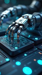 Futuristic Robotic Arms Demonstrating Precision on Digital Interface