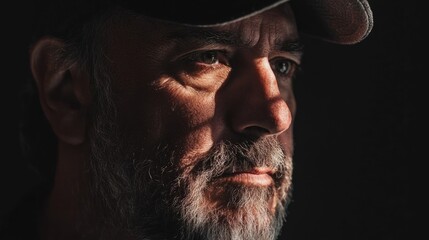 An artistic studio portrait featuring dramatic shadows, highlighting the man's facial contours and expression