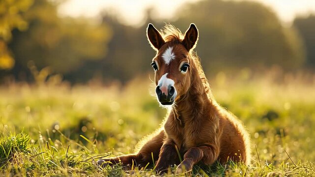 A charming young foal lies comfortably in a lush green field, bathed in warm golden light of sunset. The peaceful setting showcases beautiful nature and tranquility.
