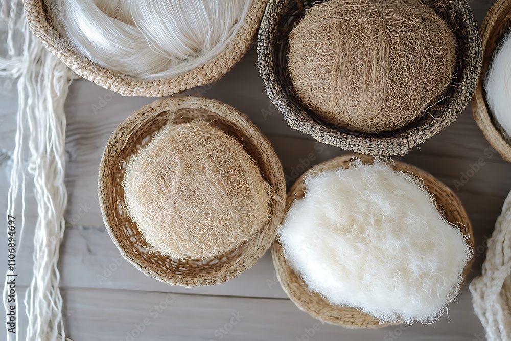 Poster Overhead view of various types of natural fibers in baskets.